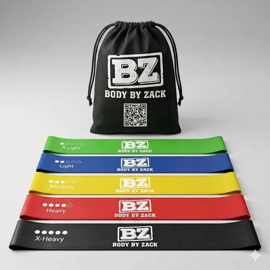 Body By Zack branded kit included with every resident event — black drawstring bag with five color-coded resistance bands from X-Light to X-Heavy