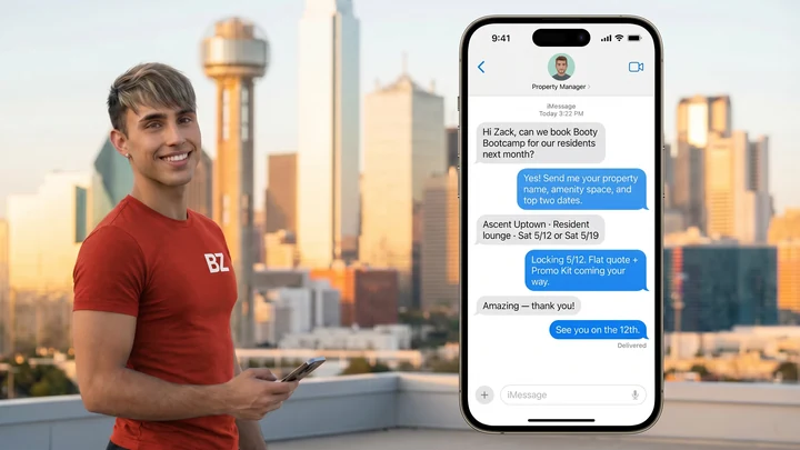 iPhone showing a short iMessage thread booking a Booty Bootcamp resident event — one text, confirmed slot returned in under an hour